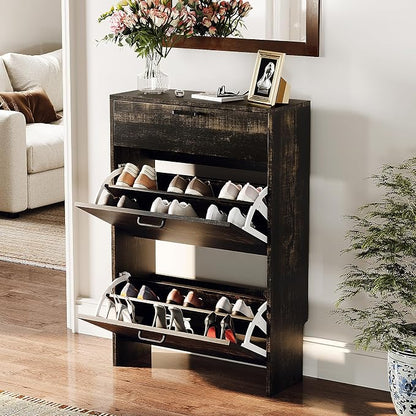 VINGLI Set of 2 Dark Rustic Oak Shoe Cabinet - Image 3