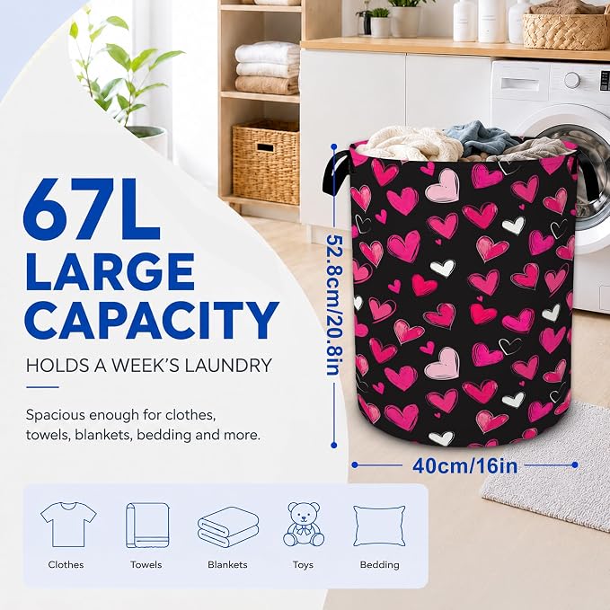 Pink Hearts Laundry Hamper, Collapsible Laundry Baskets, Dirty Clothes Baskets - Image 2