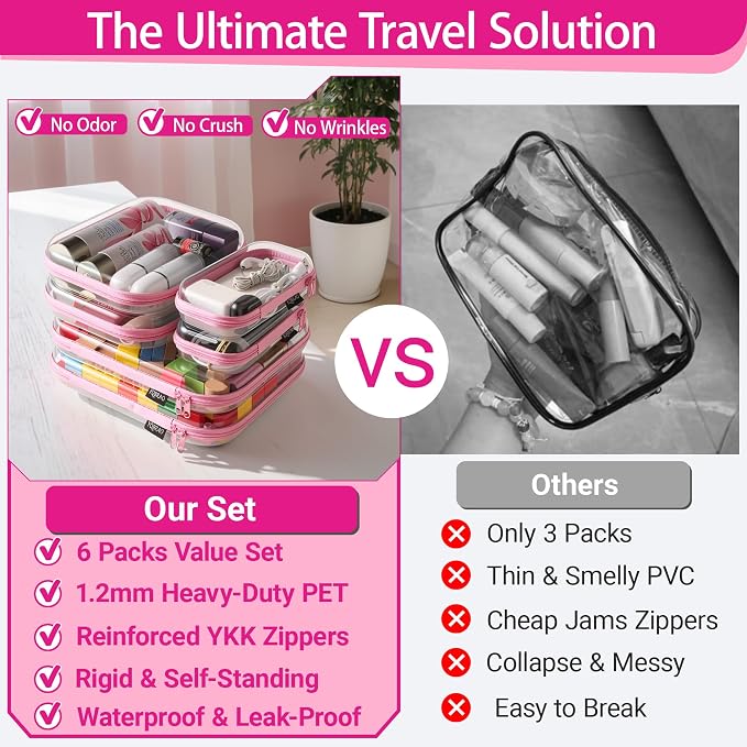 YQBRAO 6 Pack Soft Pink Clear Hard Shell Zipper Case, 1.2mm Crush-Proof Makeup - Image 2