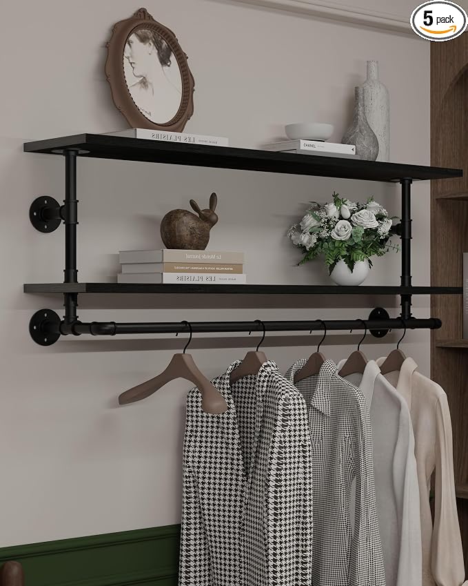 Black Clothes Rack 48in, 2-Tier Wall Mounted Garment Rack by INDUSTRIALSHELVESDESIGN