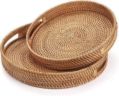 Coffee Table Tray Round Rattan Ottoman Tray Woven Serving Trays - Image 3