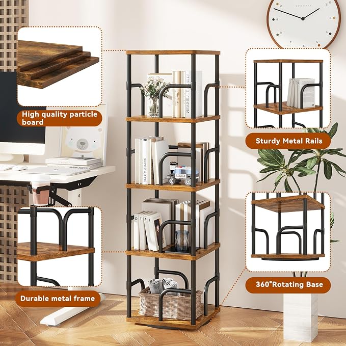 IBUYKE 5 Tier Rotating Bookshelf, Square Bookcases - Image 6