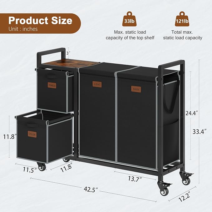 Hoctieon 4 Section Laundry Cart, 48 Gal. Laundry Hamper - Image 8