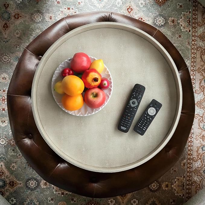 HofferRuffer Large Round Serving Tray 24'', Elegant Faux Leather Circle Ottoman - Image 7