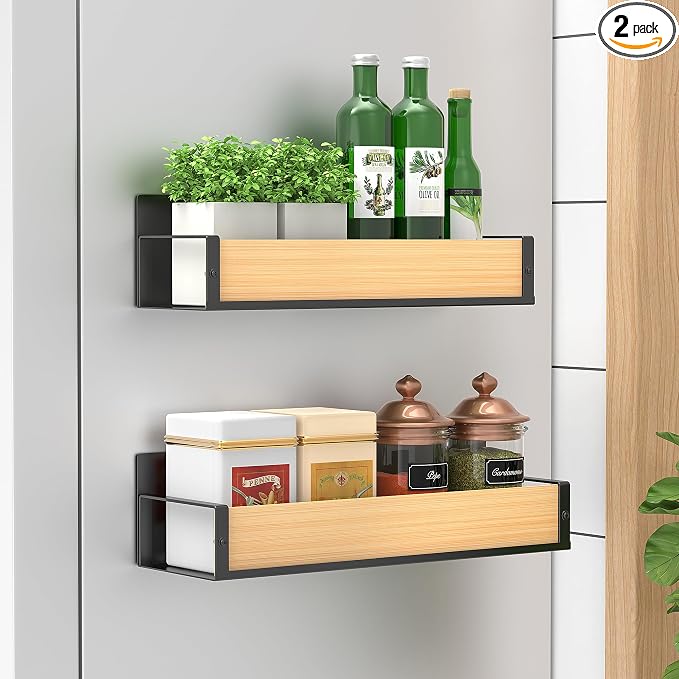 Metal Magnetic Spice Rack for Refrigerator Wood, 2 Pack | Magnetic Shelves by HuggieGems