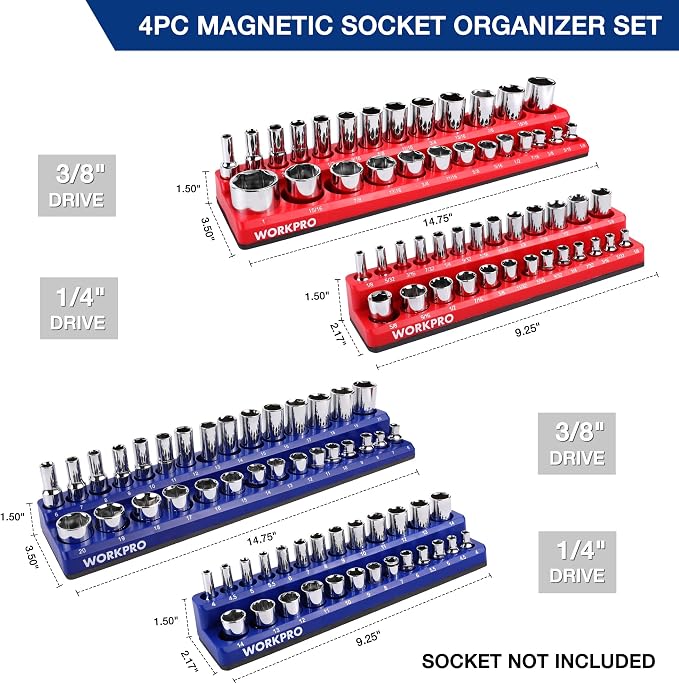 WORKPRO Magnetic Socket Organizer Set, 4-Piece Socket Holder Set Includes 1/4" - Image 3
