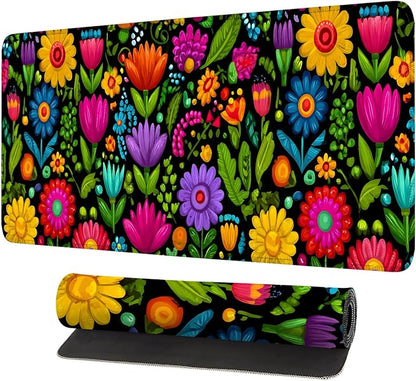 Folk Art Floral Mouse Pad – Large Extended Desk Mat 31.5 x 11.8 in– Colorful by LEIWEIHOPE