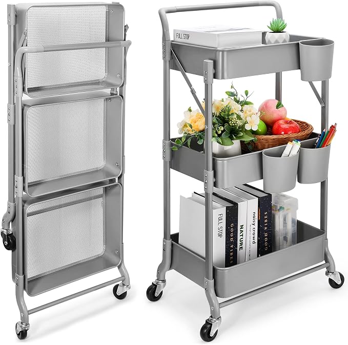 Foldable 3 Tier Metal Utility Rolling Cart, Folding Mobile Multi-Function by Johgee