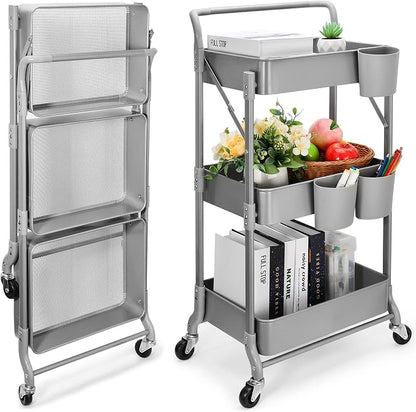 Foldable 3 Tier Metal Utility Rolling Cart, Folding Mobile Multi-Function by Johgee