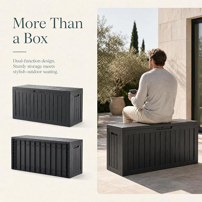 98 Gallon Large Deck Box, Waterproof Resin Outdoor Storage Box Lockable - Image 4