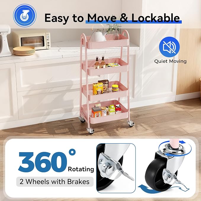OLIXIS Metal 4 Tiers Utility Rolling Cart, Mobile Storage Shelf - Image 3