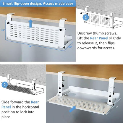 AEONS Universal Under Desk Cable Management Tray-Clamp Mount Hinged Swing - Image 2