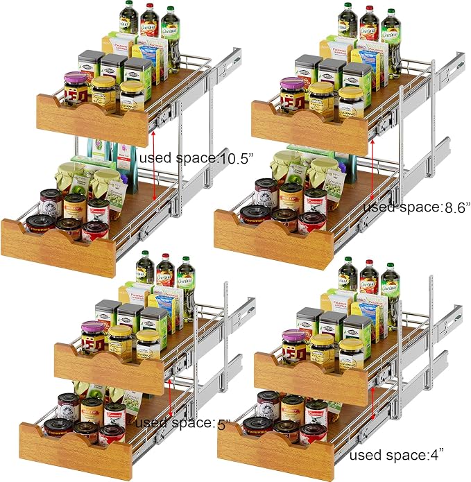 DINDON 2 Tier Pull Out Cabinet Organizer Slide Out Wood Shelf Double Tier - Image 5