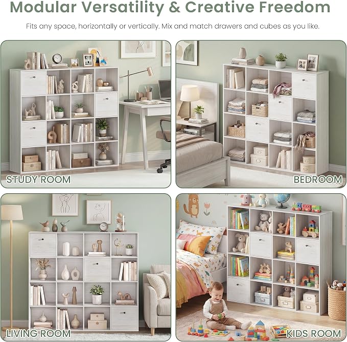 16 Cube Storage Organizer, Washed White Bookcase - Image 4