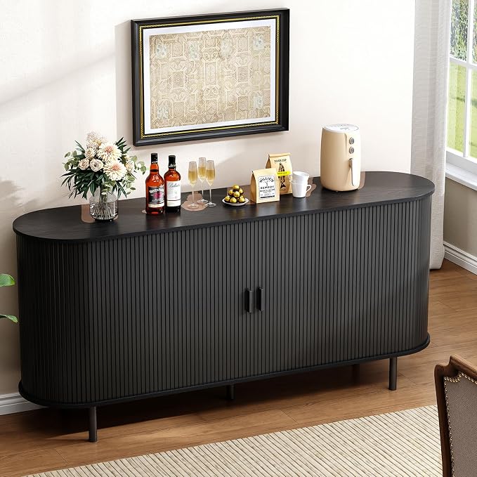 Buffet Cabinet with Storage, Fluted Sideboard Buffet with Sliding Door - Image 6