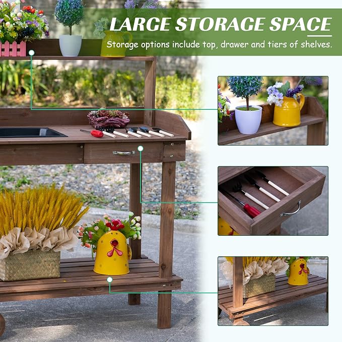 Potting Bench Table, 36 in Wooden Garden Work Table - Image 6
