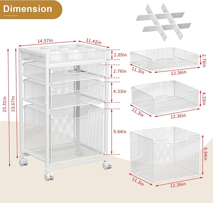 Rolling File Cart with 3 Storage Drawers, Under Desk Organizer with DIY Divider - Image 7