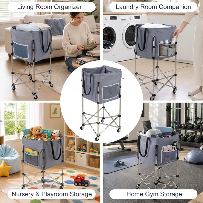 Laundry Basket with Wheels, 35.9" No-Bend Rolling Hamper, steel frame, foldable - Image 7