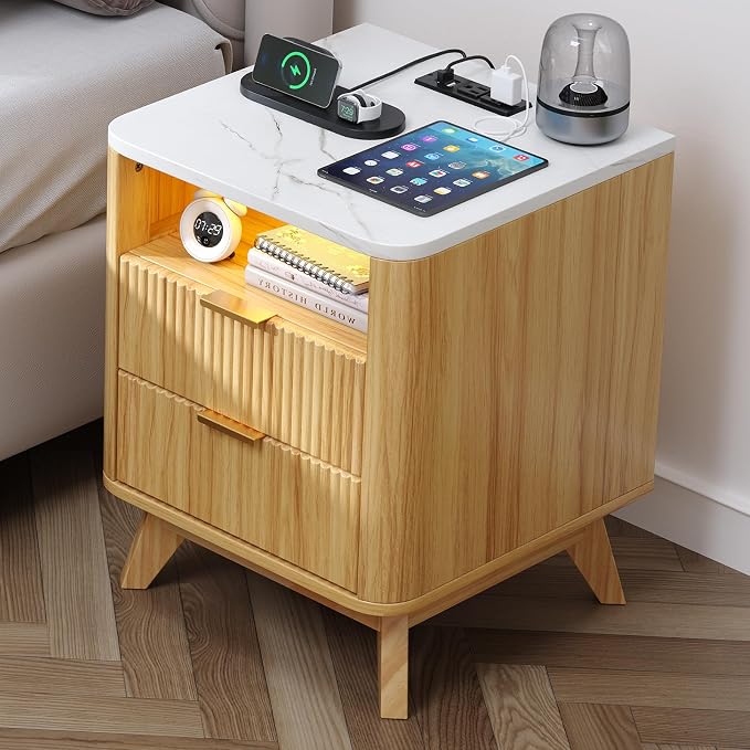 Nightstand with Charging Station, Fluted Nightstand with LED Lights, Modern by Airynee
