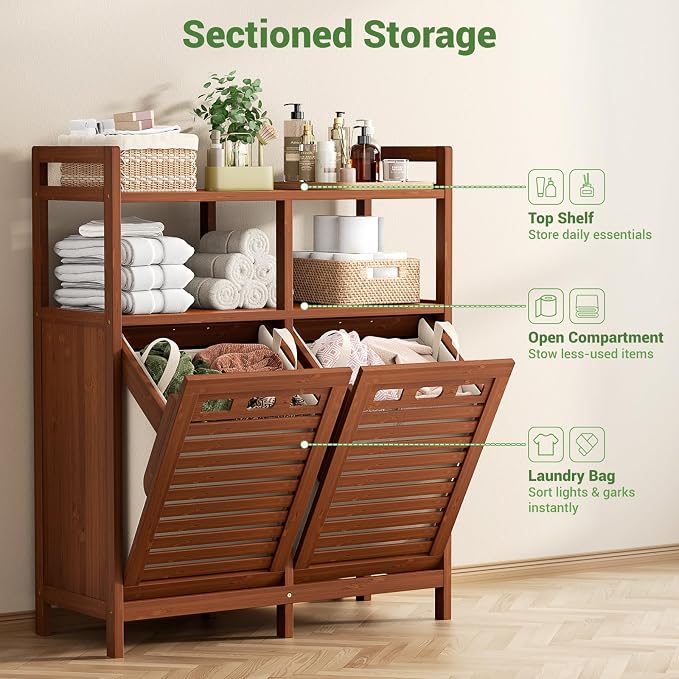 Homykic Tilt Out Laundry Hamper Cabinet, Bamboo Double Laundry Hamper - Image 6