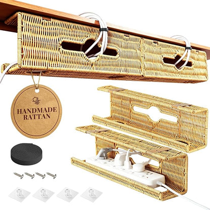 Handmade Rattan Under Desk Cable Management Tray 2 Pack, Natural | Easy Install by Xpatee