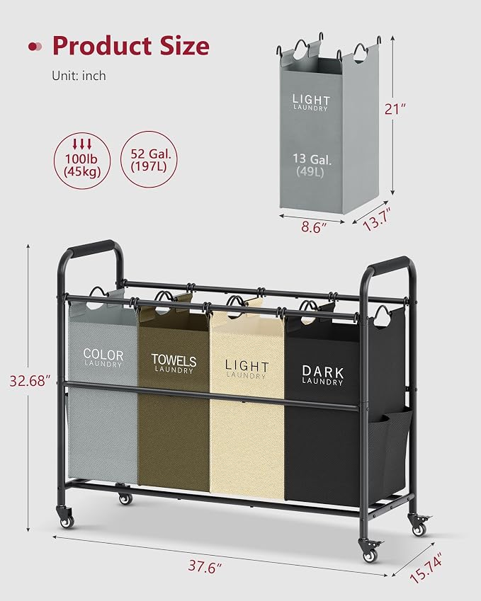 Tajsoon 4 Bag Laundry Sorter Cart, 4 Section Laundry Hamper Sorter - Image 7