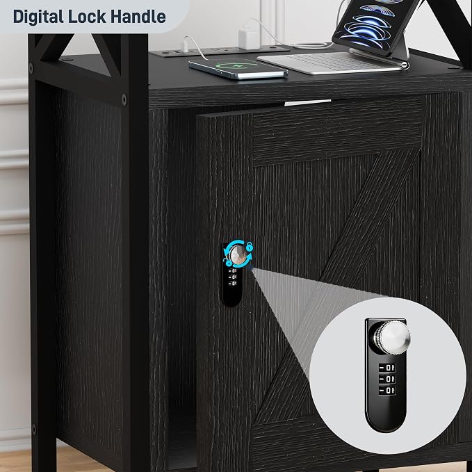 runjuly Wooden Nightstand with Lock Cabinet and Charging Station, Lockable - Image 5