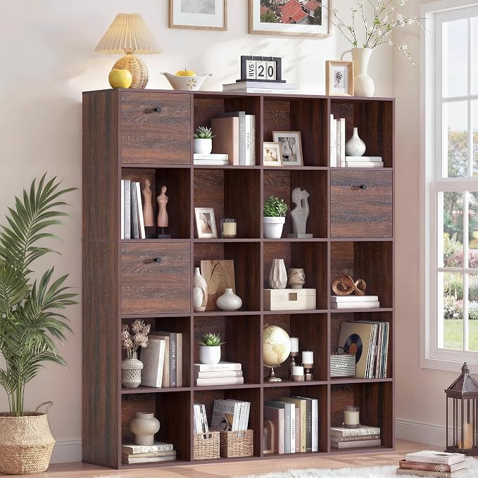 Walnut Cube Storage Bookcase, Rustic Brown 20 Cube Storage Organizer, Wooden by Odeekea