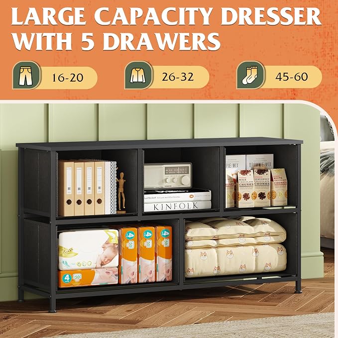 WLIVE Wide Dresser for Bedroom, 5 Drawer Chest of Drawers, Vintage Green | 5 - Image 4