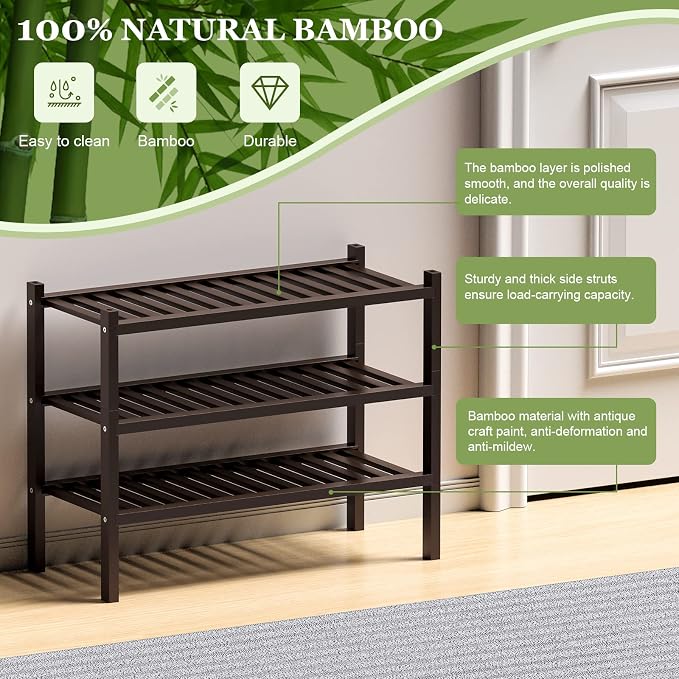 3 Tier Bamboo Shoe Rack for Closet Free Standing Wood Shoe Shelf for Entryway - Image 5
