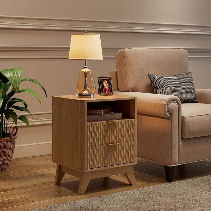 Fluted Nightstand with Charging Station, Bedside Table - Image 2
