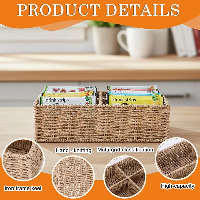 Paper Rope Woven Snack Organizer Basket, 4 Compartment Countertop Storage Bin - Image 7