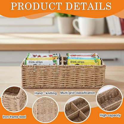 Paper Rope Woven Snack Organizer Basket, 4 Compartment Countertop Storage Bin - Image 7
