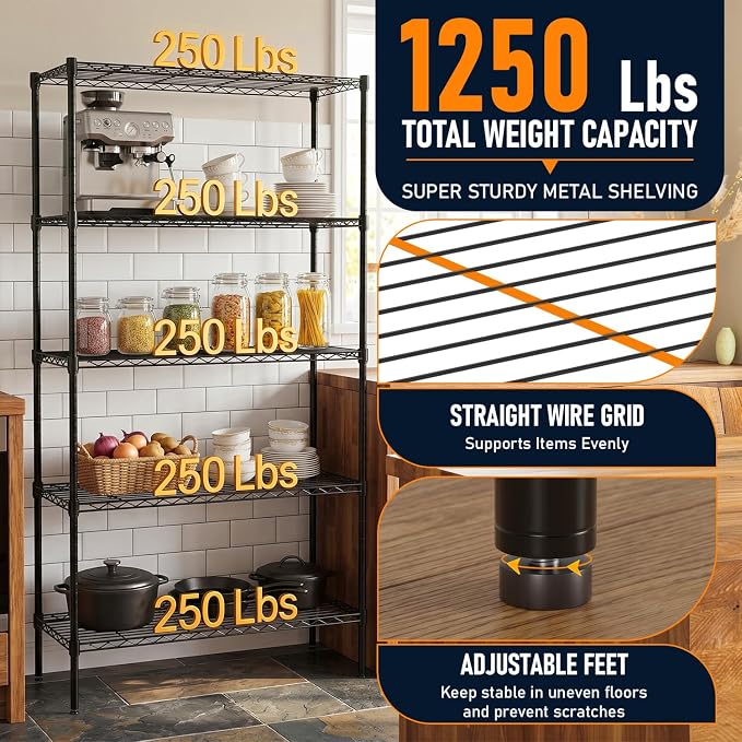 FDW | 5-Tier Wire Shelf | 36" x 14" x 72" | Black | Storage Shelves - Image 5