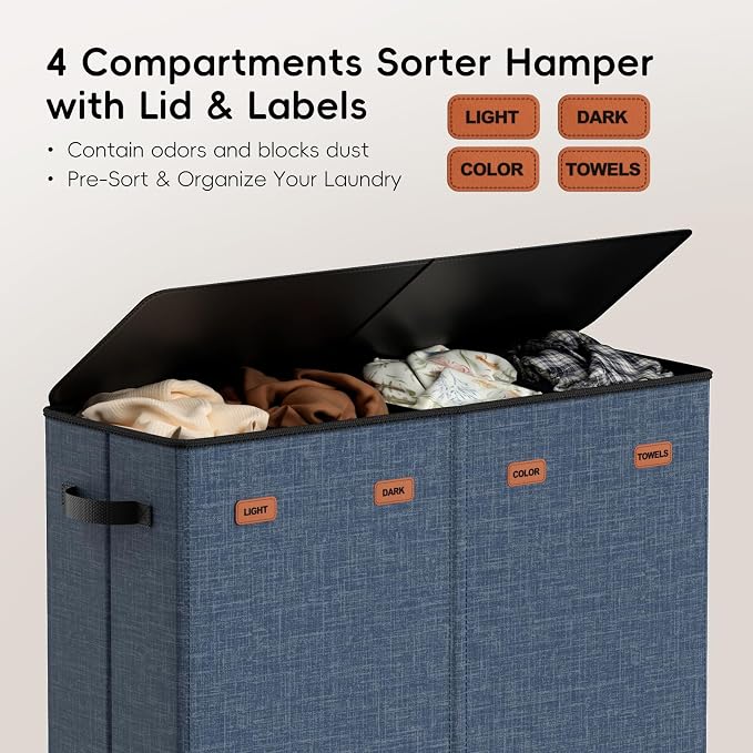 Laundry Hamper 4-Section with Lid, 185L Laundry Sorter with 4 Removable Bags + - Image 4