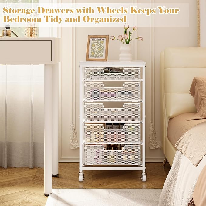 Sbanmao Utility Cart with 5 Drawers, Rolling Storage Cart with Wooden Tabletop - Image 7
