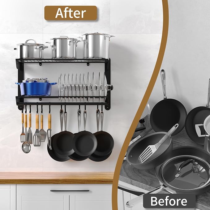 YIGII 30 Inch Pot Rack Wall Mounted, 2-Tier Pots and Pans Organizer - Image 5