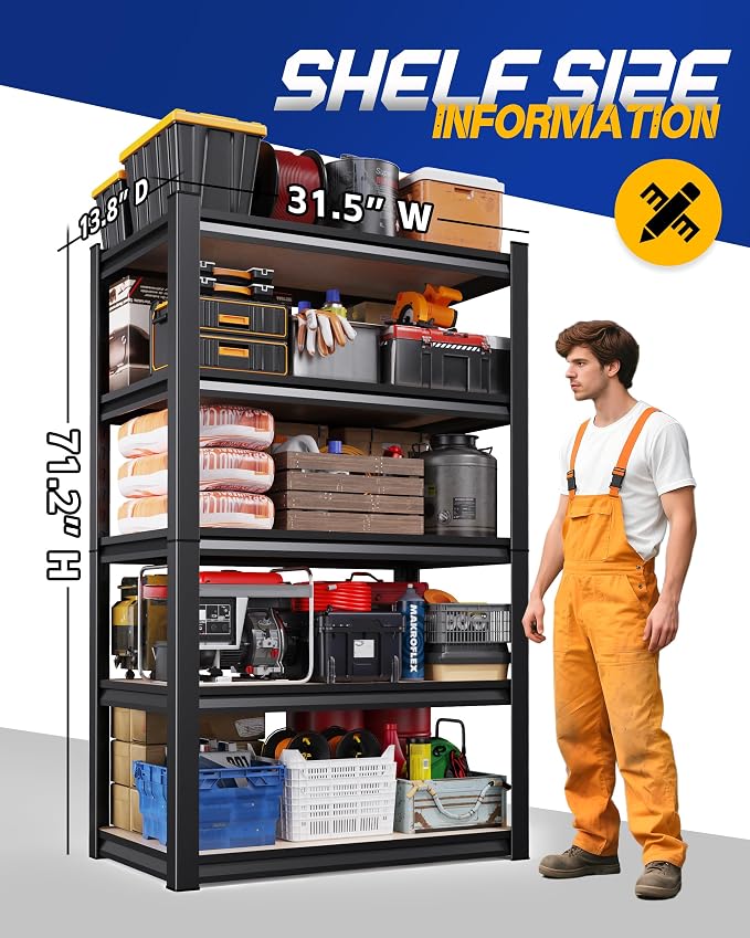 71"H Garage Shelving-5-Tier Heavy Duty Storage Shelves, Adjustable Metal - Image 3