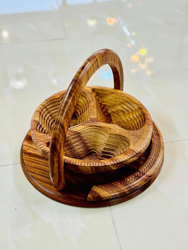 Handmade 12″ Collapsible Wooden Basket, 3-Compartment Angel Wings Design in - Image 2