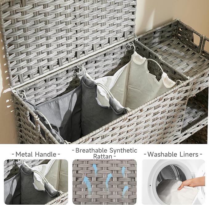 Laundry Hamper with Wheels, 42.3 Gal. Laundry Sorter with Shelves, Rattan - Image 5