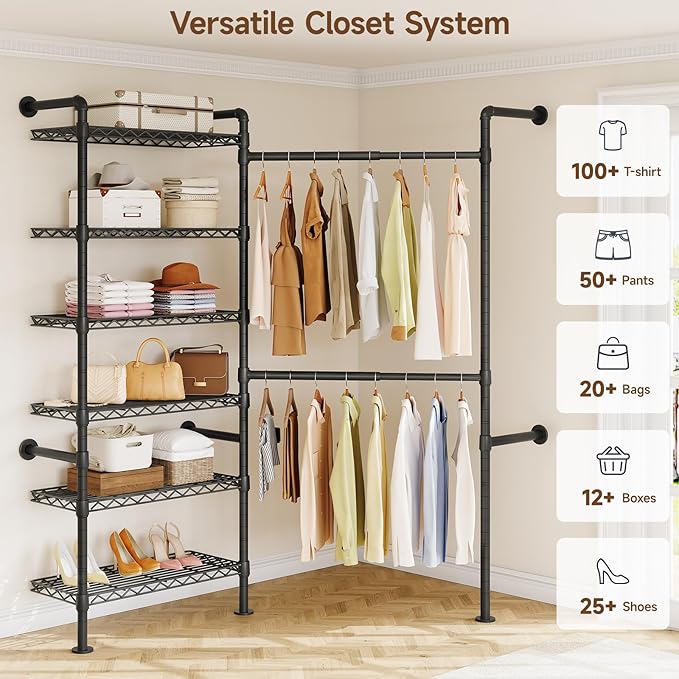 L2 Wall Mounted Closet System, Industrial Pipe Clothing Rack Clothes Racks - Image 3