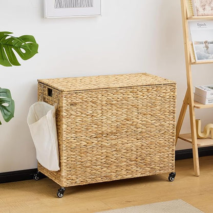 Laundry Hamper with Wheels, 52.8 Gallon Water Hyacinth Laundry Basket with Lid - Image 5