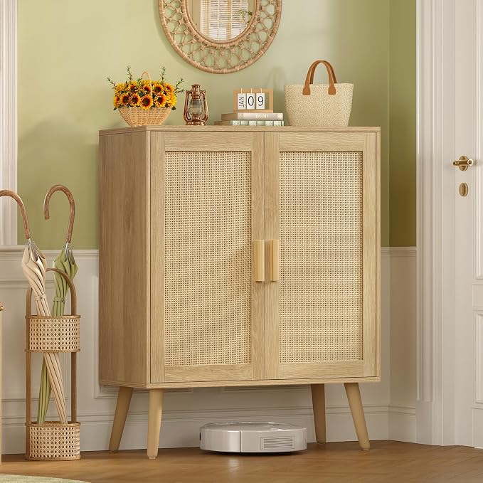 Iwell Storage Cabinet with 2 Shelves, Rattan Cabinet with 2 Doors, Sideboard - Image 7
