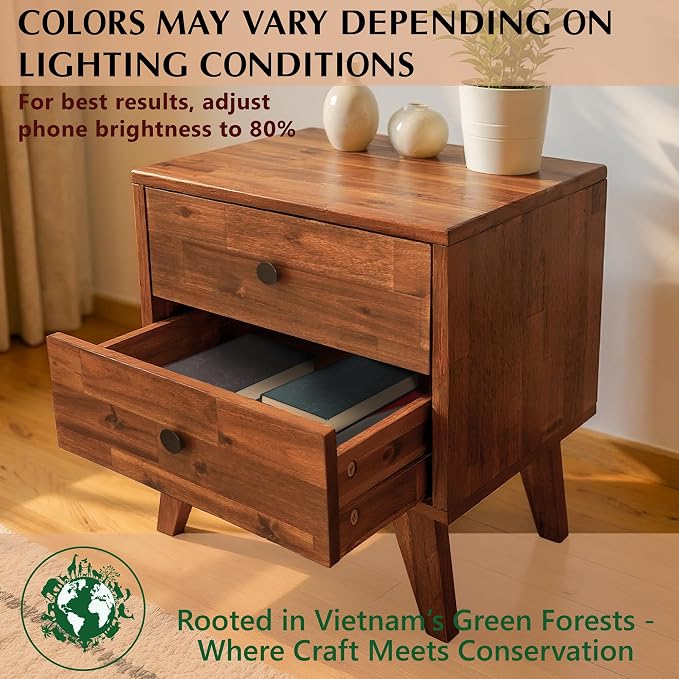 Acacia Silvia Nightstand with 2 Drawers, Solid Wood Bedside Table, Table with - Image 7
