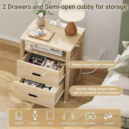 Night Stand with Charging Station, 2 Drawers End Table with Open Shelf - Image 5