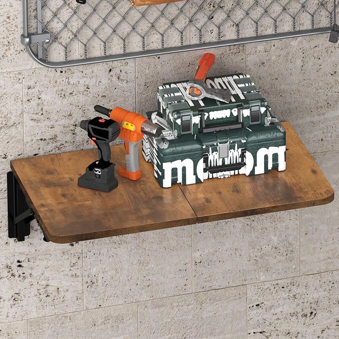 TEAMIX Wall Mounted Folding Table, Rustic Brown Floating Desk - Image 7
