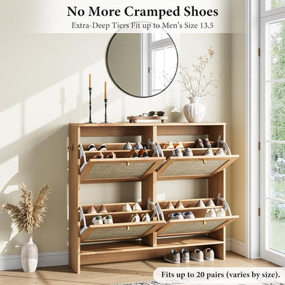 Nicetree Modern Rattan Shoe Cabinet, 4 Flip Drawers & Adjustable Shelves - Image 6