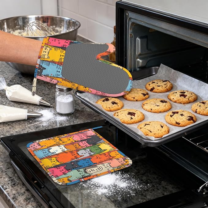 Funny Cat Oven Mitts and Pot Holders 4 Piece Set, Heat-Resistant Silicone Extra - Image 4