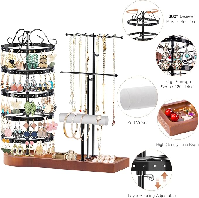 KALYLOC Jewelry Earring Holder Organizer, Adjustable 5 Tiers Rotating Earring - Image 3