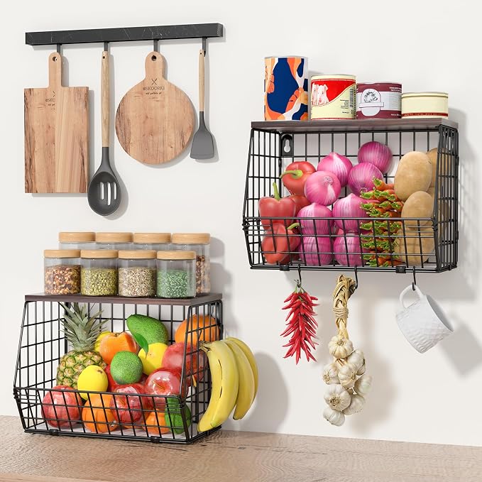Wawocs Fruit Basket for Kitchen Counter 2 Tier Fruit Bowl, Stackable Wall - Image 3